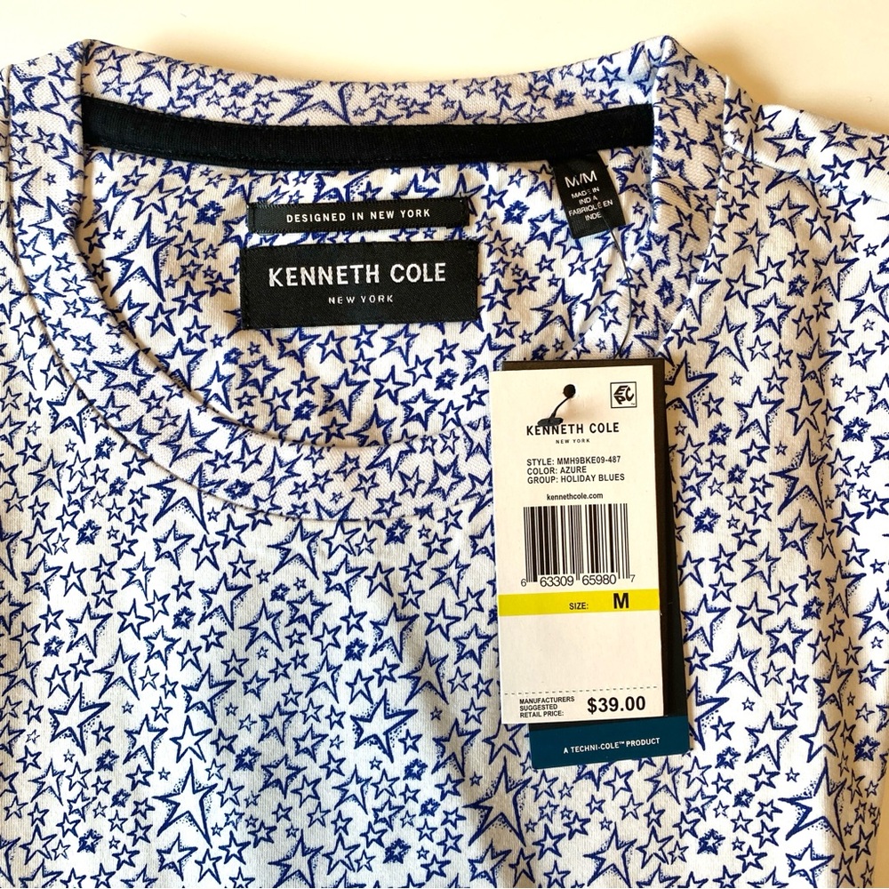 NWT Kenneth Cole M Star Print Tee White Blue 97% Cotton Stretch T Shirt SOFT